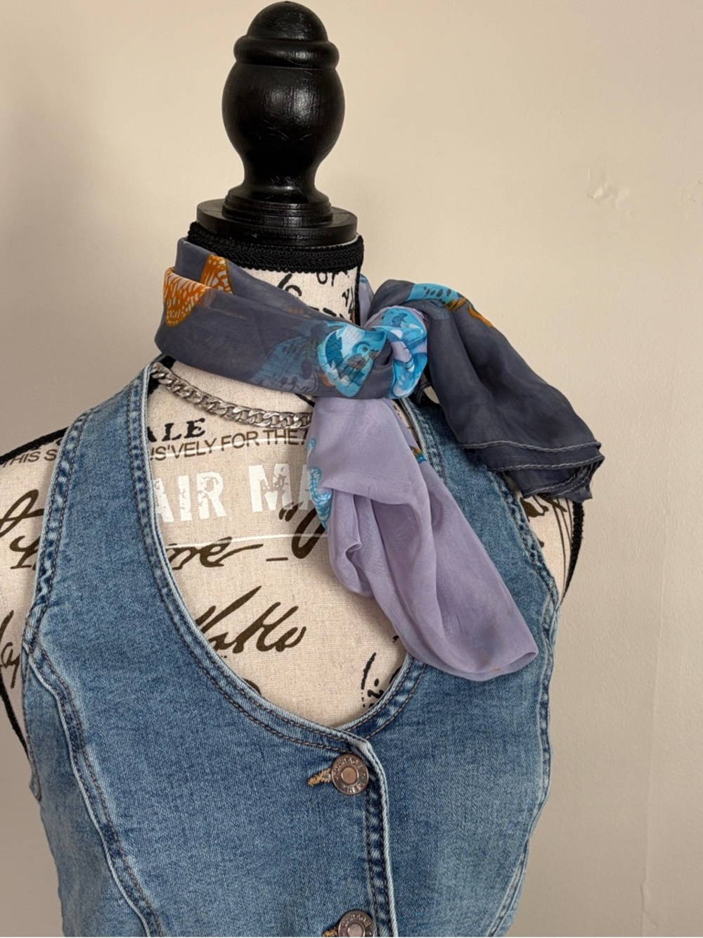 grey blue butterfly printed sheer scarf - Picture 4 of 7